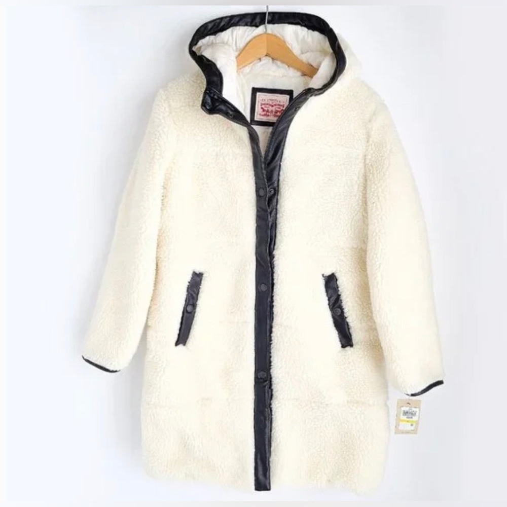 Levis Quilted Long Full Length Sherpa Parka Jackage Coat Womens  L Cream NEW